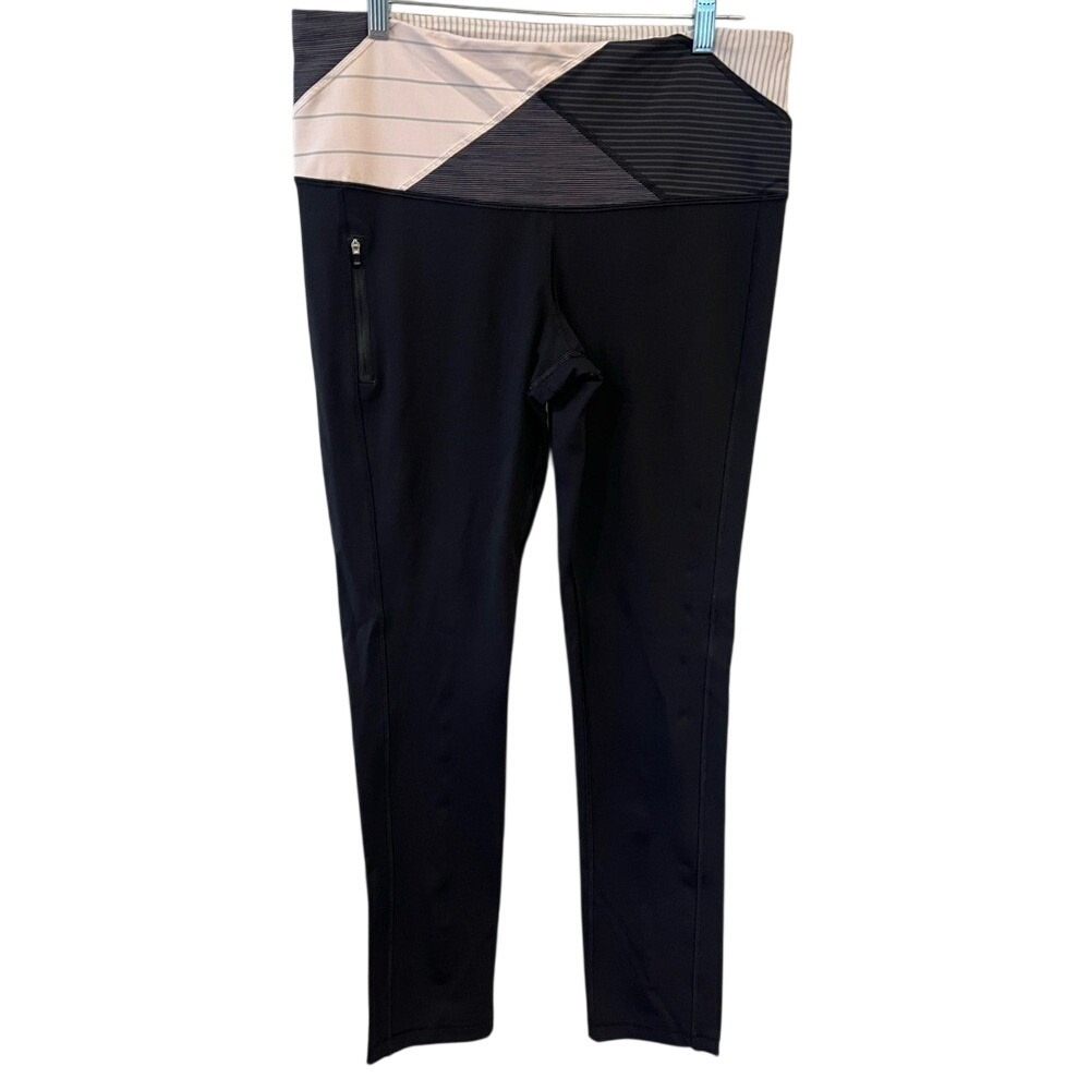 Lululemon Black Leggings Pink Grey Striped Geometric Waistband Zipper Pocket 28"